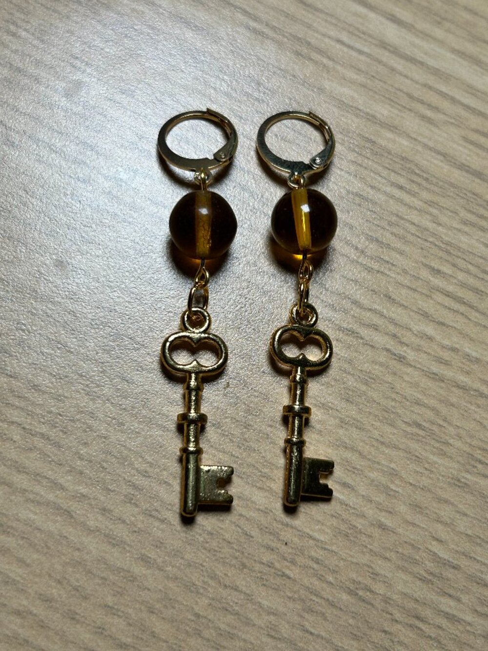 Handmade Vintage Style Gold Skeleton Key & Amber Glass Bead Leverback Earrings